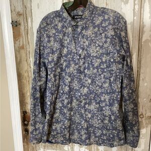 Spazio Blue Floral Button-Up Shirt - size M - Cotton - green checkered details